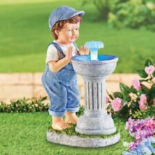 Charming Little Boy In Overalls w/ Solar Lighted Water Fountain Garden Statue