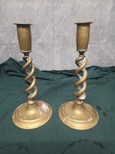 Pair of Matching Antique Brass Open Barley Twist Candlesticks 23.5cm Tall