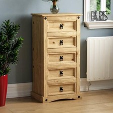 Corona 5 Drawer Narrow Chest Mexican Solid Waxed Pine Bedroom Storage Unit