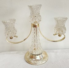 Candle Holder Crystal 3 Arm Cut Glass Silver Tone Vtg Shabby Chic Centrepiece