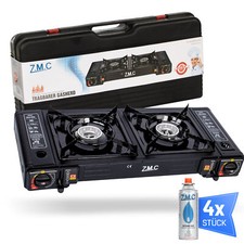 Double cartridge cooker 2 flaming outdoor gas camping stove + 4x gas cartridges
