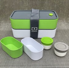 Monbento MB Bento Box 2 Tier Leakproof Lunch Box Green White w/ Addons
