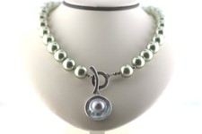 SAKI Sterling Silver Mabe Pearl Toggle Clasp Pendant Faux Pearl Necklace Strand