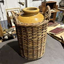 Antique Large Stoneware Flagon Demijohn In Wicker Cover Vase