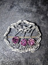 Vintage Scottish Mizpah Thistle Silver Tone Brooch Purple Stones Signed Mizpah 