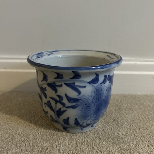 Vintage blue white planter - blue,