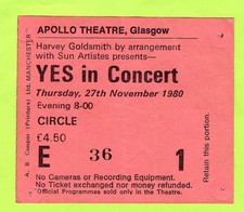 Yes 1980 Concert Ticket Stub Glasgow, Scotland, England, UK, Drama Tour