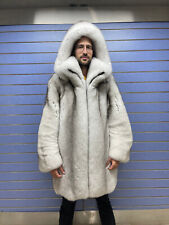 Luxury Full Skin Blue Fox Fur Mens Coat Real Fur Skin To Skin Fox Collar & Hood