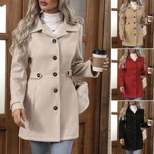 Elegant Woolen Coat Buttons Lapel Mid-length Outwear Jacket for Women.