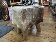 Genuine Cowhide Hair On Leather Round Pouffe Stool Handmade L 42 x 22 x H 42cm
