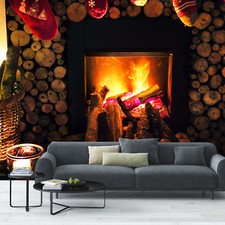 Fireplace Logs Woods Flames Photo Wallpaper Mural Livingroom Poster Decoration