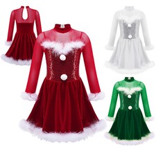 UK Girls Christmas Dance Costume Sequins Velvet Figure Ice Skating Roller Dress