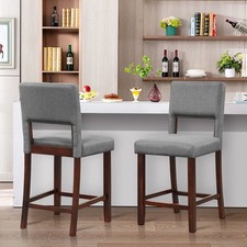 Set of 2 Bar Stools Upholstered Kitchen Island Stool Linen Counter Height Chair