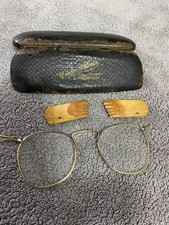 Vintage Pince Nez Glasses / Spectacles With Case Gold Coloured Frames VGC
