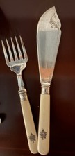 Antique Thomas Turner Co Fish Serving Knife & Fork Silver Plate Ivorine Handles