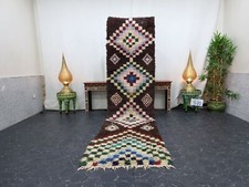 Moroccan Handmade Vintage Rug 2'8''x11' Berber Geometric Brown Cotton Tribal Rug