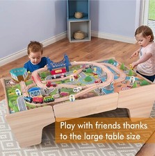 Kids Wooden Train Track 80 PCS Railway Set Activity Table With Drawer for Storag