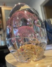 Large Art Glass Egg Paperweight 12cm x 9cm Pink Swirl & Bubble Inclusions