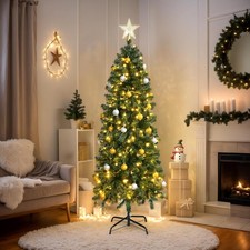 Slim Pre Lit Christmas Tree Pencil Green Artificial Bushy Pine XMAS Decor 6FT UK
