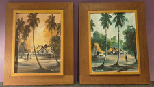 2 x 1950's Mid Century Asian AM & PM Beach Scenes Oil On Canvas Signed & Framed