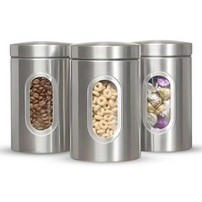 3Piece Stainless Steel Large Tea Coffee Sugar Kitchen Storage Jars Canisters Set