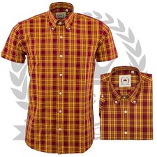 Relco Mens Check Shirt Burgundy Short Sleeve Button Down Collar Tartan Retro Mod