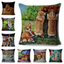 Oil Painting Dog Pillow Case Decor Cartoon Welsh Corgi Pembroke Cushion Cover 