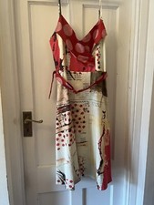 New fee G Cream Red Spot, Text Print Spaghetti Strap Midi Dress,UK 12
