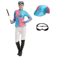Womens Blue & Pink Jockey Costume S - XL Ladies Horse Racing Rider Fancy Dress