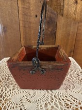Antique Wooden Primitive Basket~  Wrought Iron Handle~Old Barn Red Paint