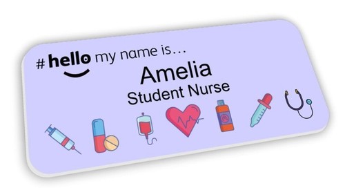 Hello name badge purple - is,
