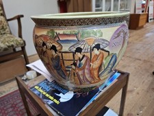 Vintage Oriental Large Fish Bowl Ceramic Jardiniere Pot Stunning Handpainted 