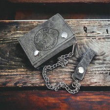 Distressed Grey Biker Cyclist Trifold Chain Wallet Genuine Leather Trucker Style