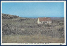 Irish Postcard Thatchers at Work Aran Islands Galway Ireland Posted 1967