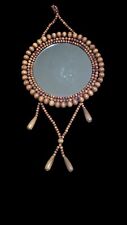 Vintage Boho Wooden Beaded Mirror Wall Hanging w/Tassels Round Retro 10"