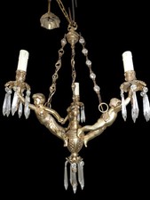 Vintage french Bronze putti cherub 3 arm chandelier crystal glass drops 1960