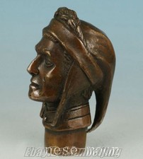 Chinese Old Bronze Hand Carved Dante Alighieri Statues Cane Walking Stick Head