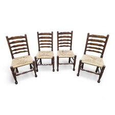 Antique oak ladderback chairs - set of 4 straw farmhouse kitchen / dining chairs