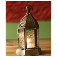 Gold Iron & Textured Glass Tealight Lantern Moroccan Antique Brass Lantern Gift