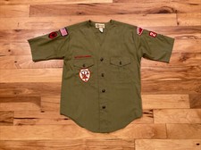 Vintage BSA Boy Scout Short Sleeve Uniform Shirt w/ Sewn on Patches No Collar