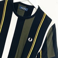 Fred Perry Mens Striped T-Shirt M Medium Black White Khaki Laurel Wreath Logo