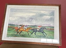 Signed Vintage Horse Racing Jockeys Equestrian Watercolour Painting Rowley Mill 