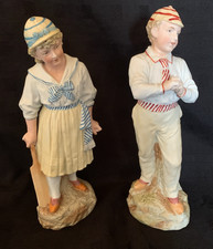 Antique Continental Bisque Pair of Cricketing Children c.1880s