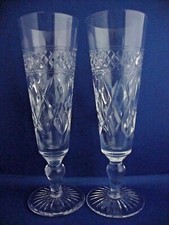 2 x Stuart Braemar or Sandringham Cut Pattern Champagne Flutes Glasses - Signed