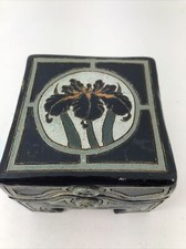 Fletcher 1998 Ceramic/Stoneware Footed Trinket Container Blk Gray Floral Design 