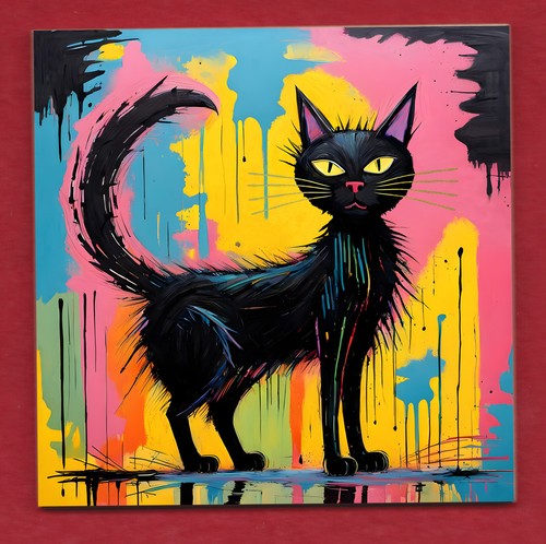 Black cat ceramic art display - black,