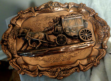 Vintage Coppertone 3D Brass Horse & Cart Sculpture Wall Plaque Easel Display 12"