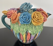 Mary Rose Young 1992 Pottery Teapot Applied Roses Mint