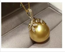 new Round AAAA 11-12mm South Sea Gold pearl Pendant Necklace 18" 925S