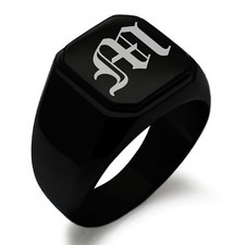 Stainless Steel Monogram Old English Font M Mens Square Biker Style Signet Ring